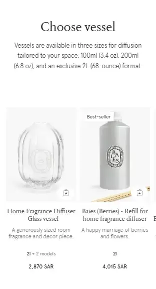 La même page sur mobile : étape « Choose vessel », produits présentés en carrousel.